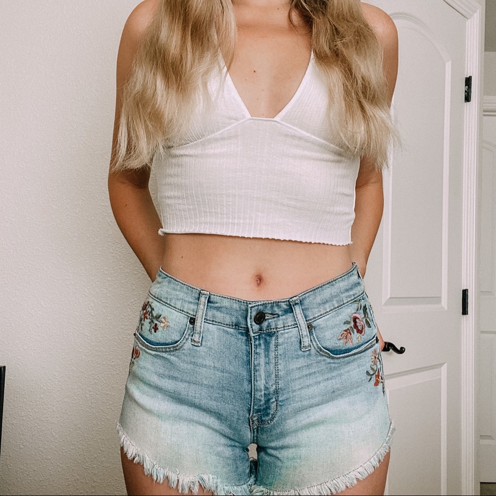 Floral Embroidered Cut Off Shorts